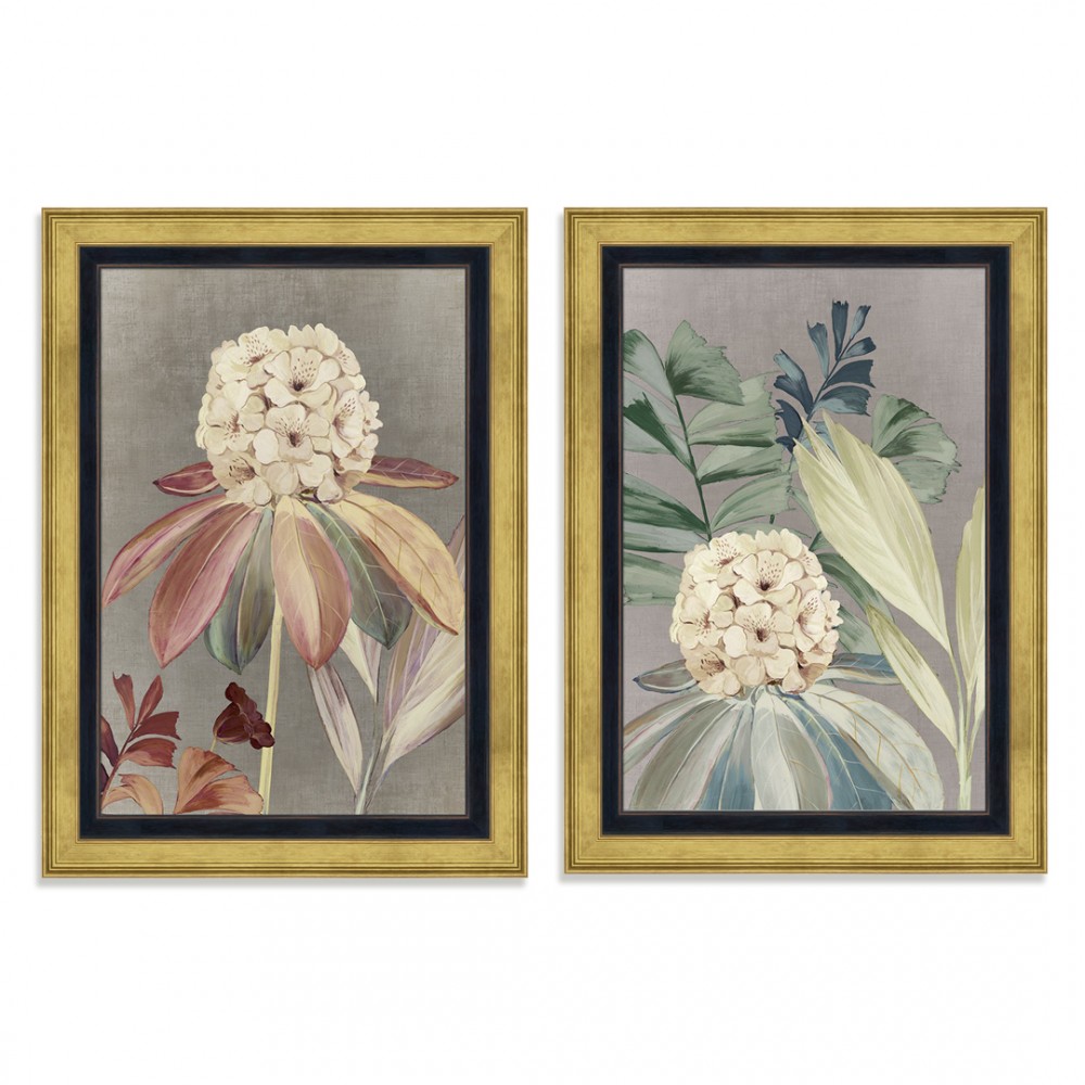 Conjunto de 2 cuadros de flores estilo clásico con marco dorado