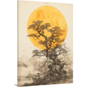 Cuadro de árbol con gran sol, estilo zen - Cuadrostock