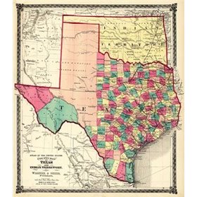 County Map of Texas, and Indian Territory, 1874 - Cuadrostock