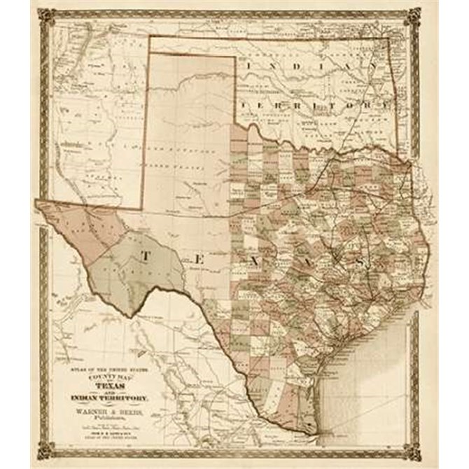 County Map of Texas, and Indian Territory, 1874 - Decorative Sepia