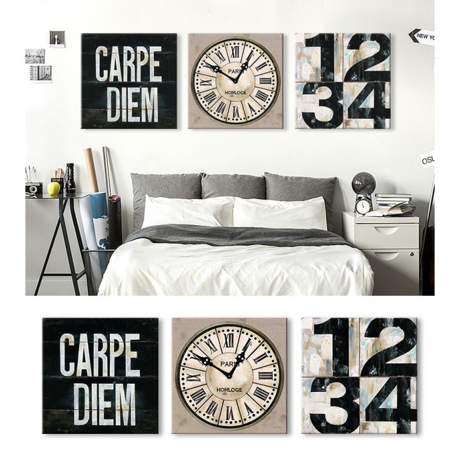 J3-M00-Juego de 3 Lienzos Industrial Chic Carpe Diem - Clock - Numbers - Cuadrostock