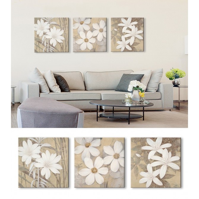 Juego de 3 Lienzos Modern White-Pale-Cream Blossoms
