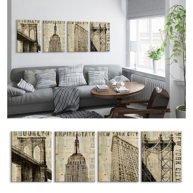 J4-M05-Juego de 4 Vintage NY Brooklyn-NY Empire State-NY Flat Iron-NY Manhattan - Cuadrostock