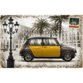JF_0087_GR1 Cuadro Postal Vintage Plateada con Taxi Barcelona Mini