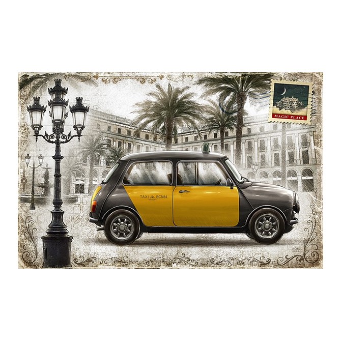 JF_0087_GR1 Cuadro Postal Vintage Plateada con Taxi Barcelona Mini