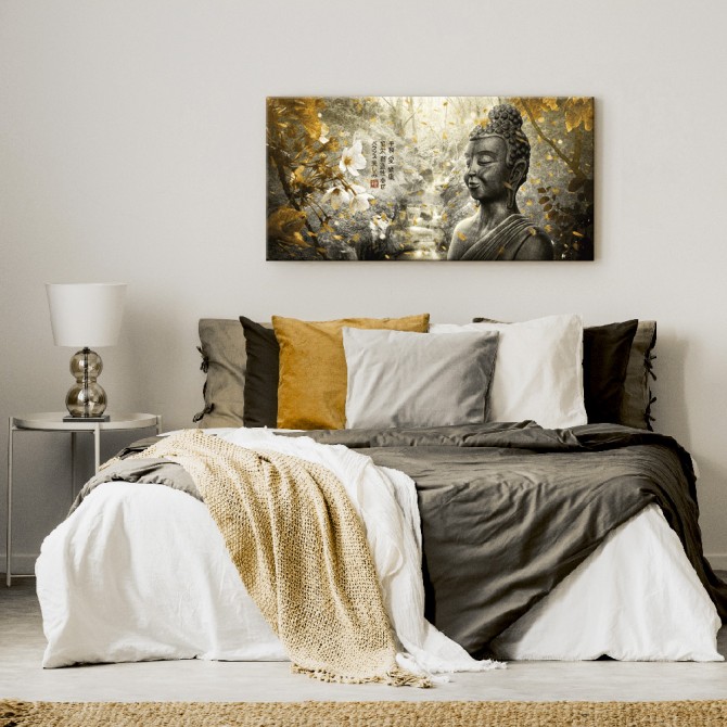 MFZ-0002 Zen Landscape picture with Buddha and Flowers - GOLD AND SILVER