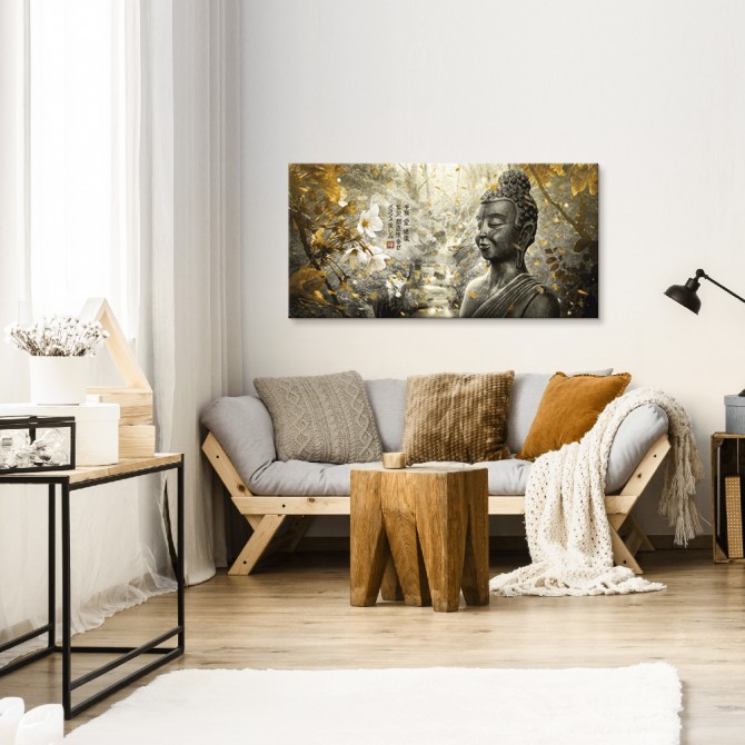MFZ-0002 Zen Landscape picture with Buddha and Flowers - GOLD AND SILVER