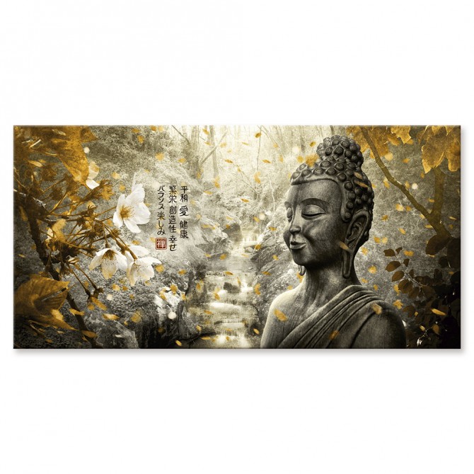 MFZ-0002 Zen Landscape picture with Buddha and Flowers - GOLD AND SILVER