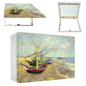 Tapacontador horizontal blanco con cuadro de playa y barcas de Van gogh