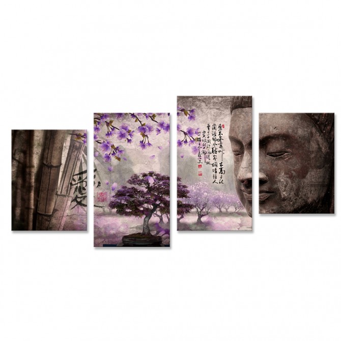 Tríptico Buda con tonos lilas Dividido en 4 Cuadros - Cuadrostock