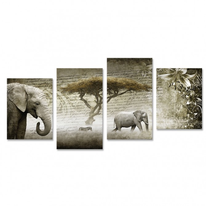 Tríptico Elefantes Sabana Dividido en 4 Cuadros - Cuadrostock