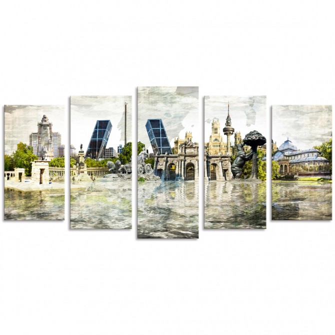 Cuadro tríptico de Collage de Madrid dividido en 5 partes - Cuadrostock