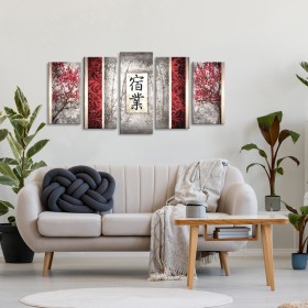 Cuadro tríptico estilo oriental tonos gris y rojo dividido en 5 partes