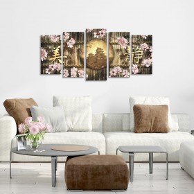 Cuadro tríptico oriental con floresdividido en 5 partes