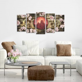 Cuadro tríptico oriental con flores y letras dividido en 5 partes