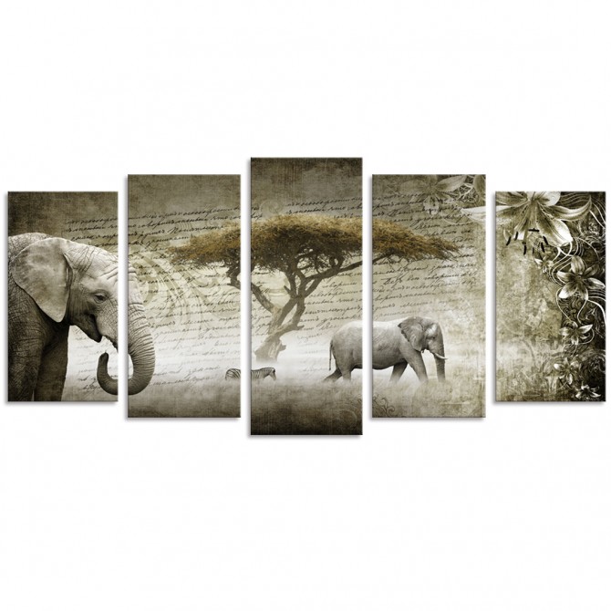 Cuadro tríptico de elefantes en África dividido en 5 partes - Cuadrostock