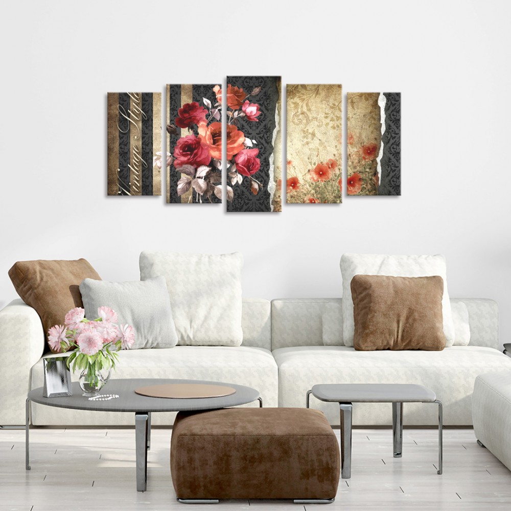 Cuadro tríptico de flores dividido en 5 partes Cuadro tríptico de flores dividido en 5 partes
