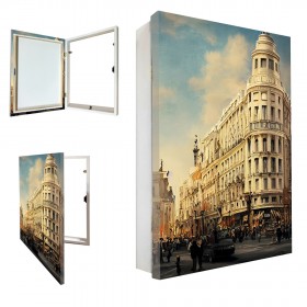 Tapacontador vertical blanco con cuadro de Madrid 30